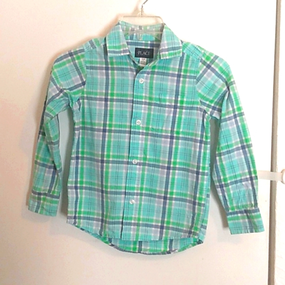 The Children’s Place Button Up Blue Green Plaid, Boy's Size 5/6